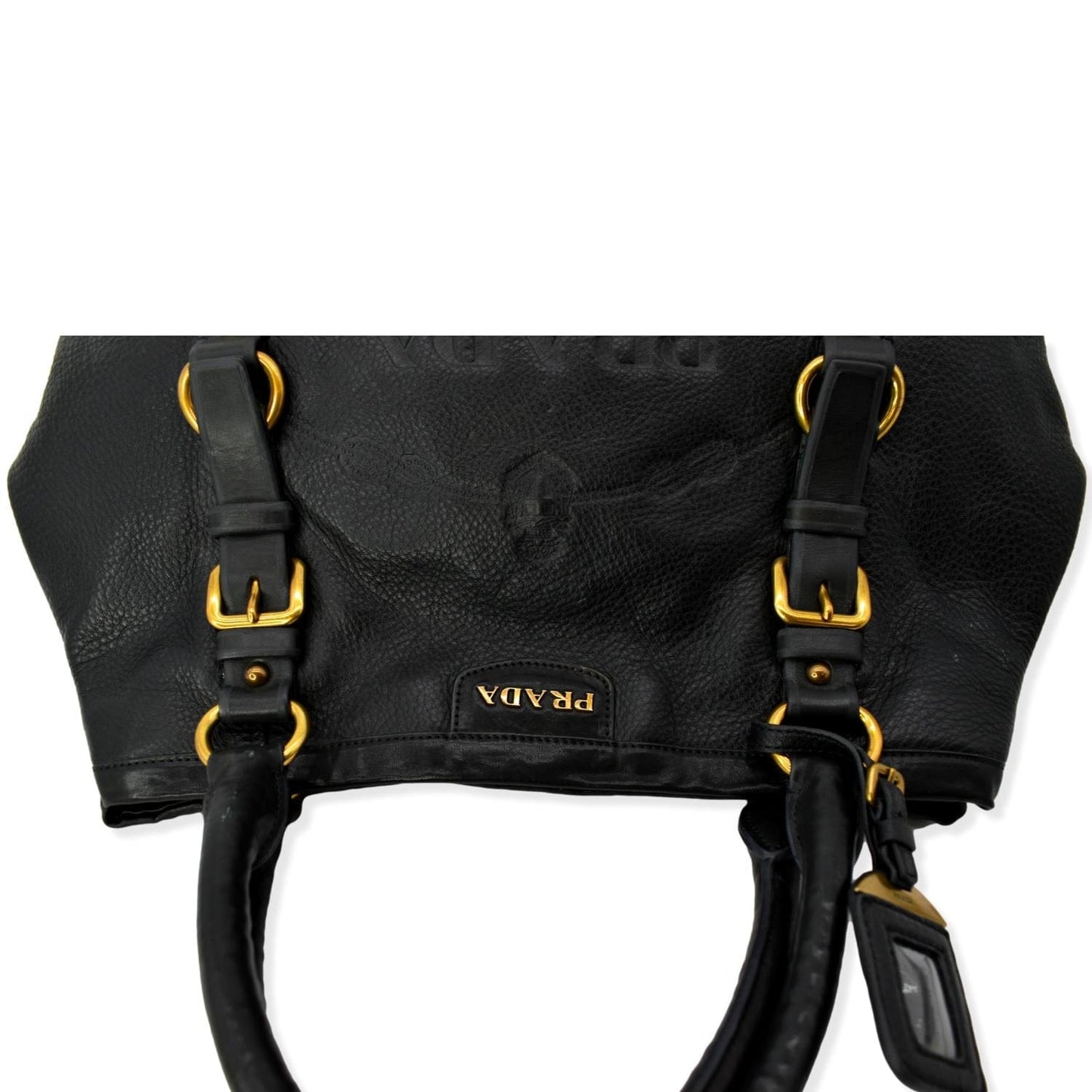 PRADA Vitello Daino Logo Embossed Leather Hobo Bag Black