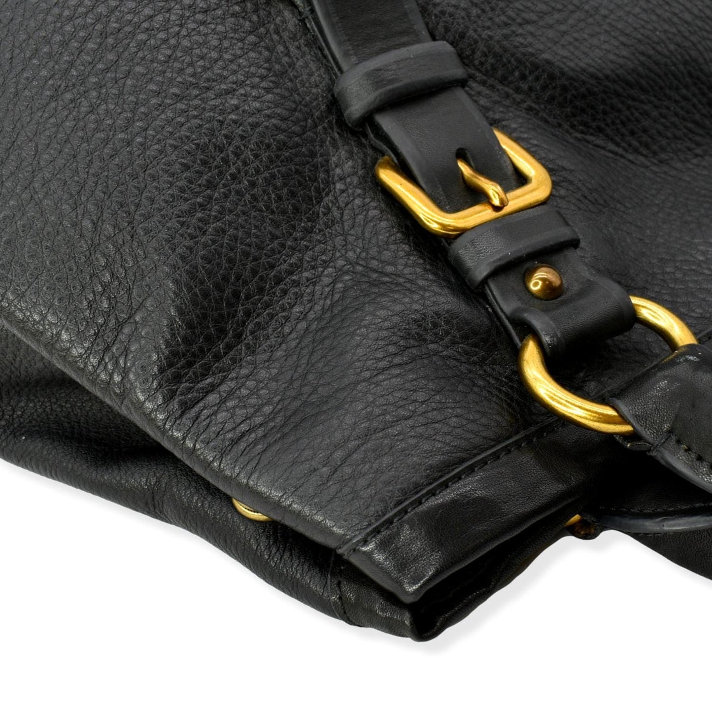 PRADA Vitello Daino Logo Embossed Leather Hobo Bag Black