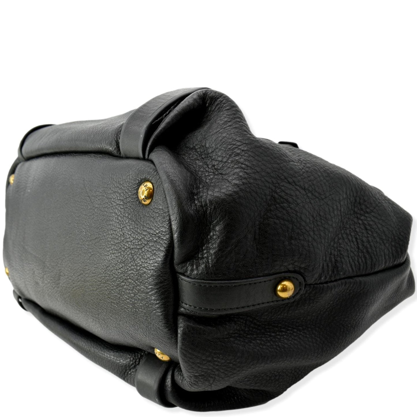 PRADA Vitello Daino Logo Embossed Leather Hobo Bag Black