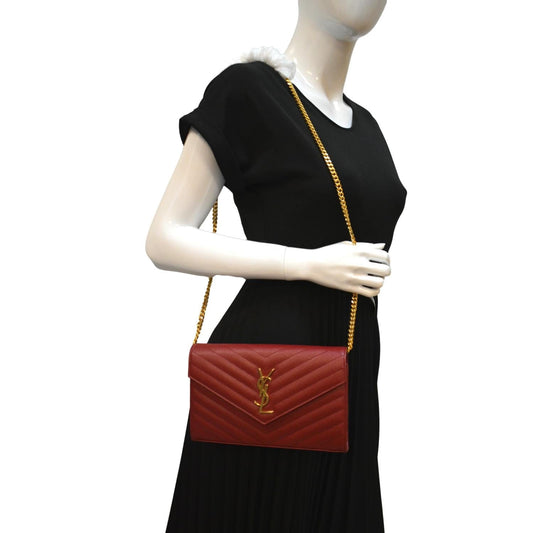 Yves Saint Laurent Embossed Leather Wallet on Chain Shoulder Bag Red