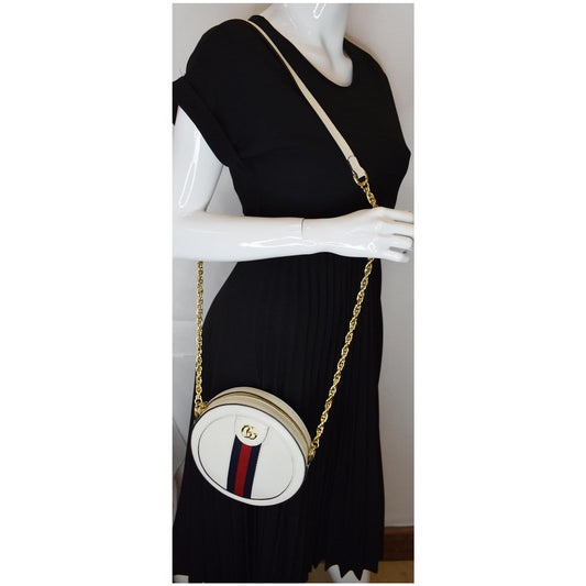 GUCCI Ophidia Mini GG Round Web Leather Crossbody Bag White 550618