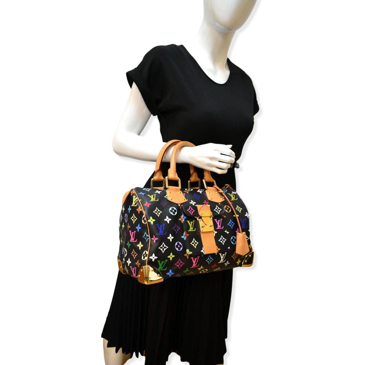 LOUIS VUITTON Speedy 30 Monogram Multicolor Canvas Satchel Bag Black