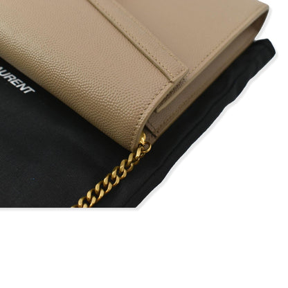 YVES SAINT LAURENT Cassandra Grain De Poudre Embossed Chain Wallet Beige