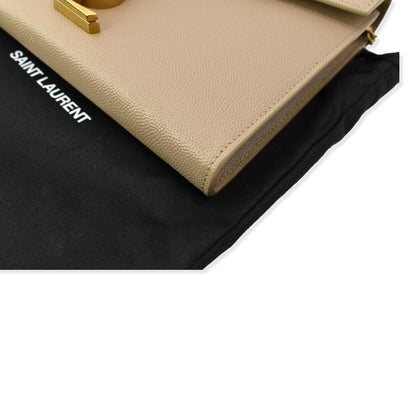 YVES SAINT LAURENT Cassandra Grain De Poudre Embossed Chain Wallet Beige