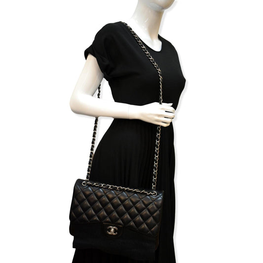 CHANEL Classic Jumbo Double Flap Lambskin Leather Shoulder Bag Black