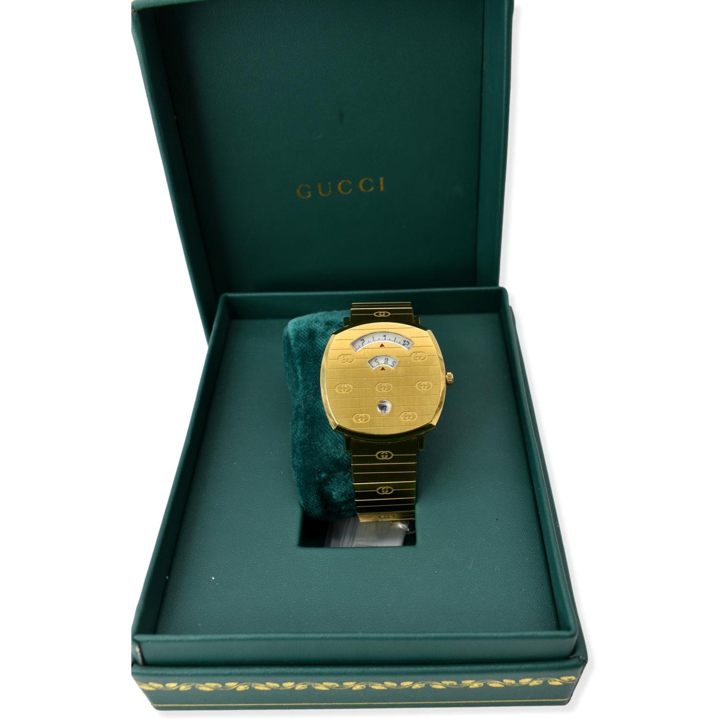 GUCCI Grip GG Engraved Quartz Gold Dial Stainless Steel Watch 35MM