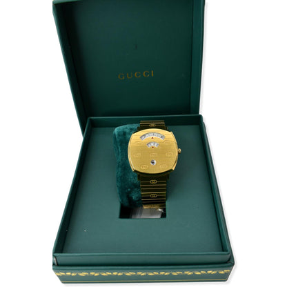 GUCCI Grip GG Engraved Quartz Gold Dial Stainless Steel Watch 35MM