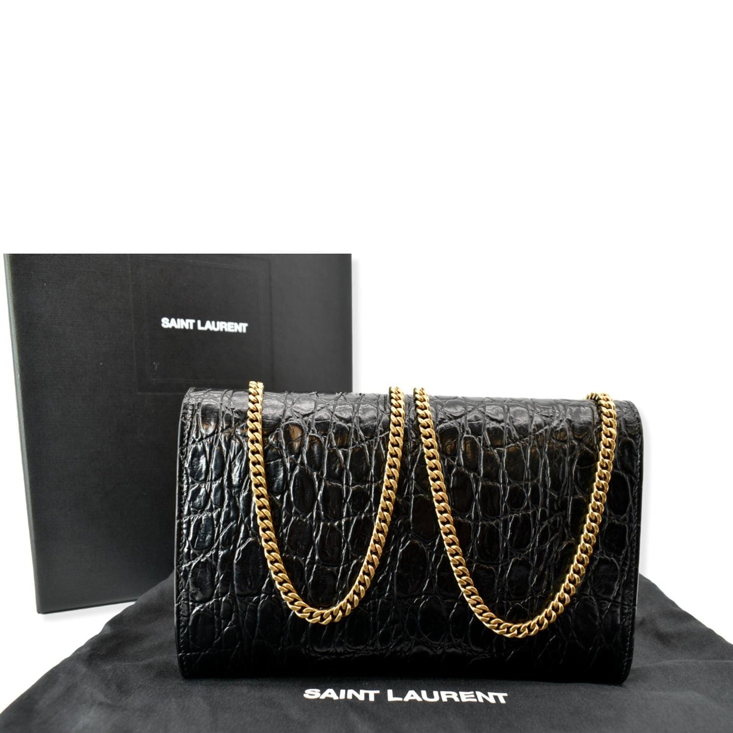 YVES SAINT LAURENT Uptown Crocodile-Embossed Crossbody Chain Wallet Black