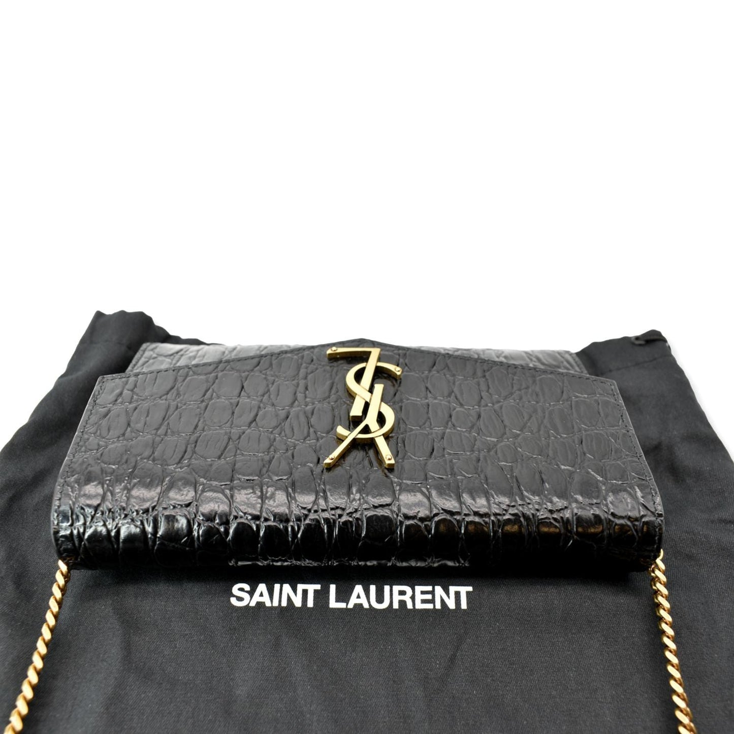 YVES SAINT LAURENT Uptown Crocodile-Embossed Crossbody Chain Wallet Black