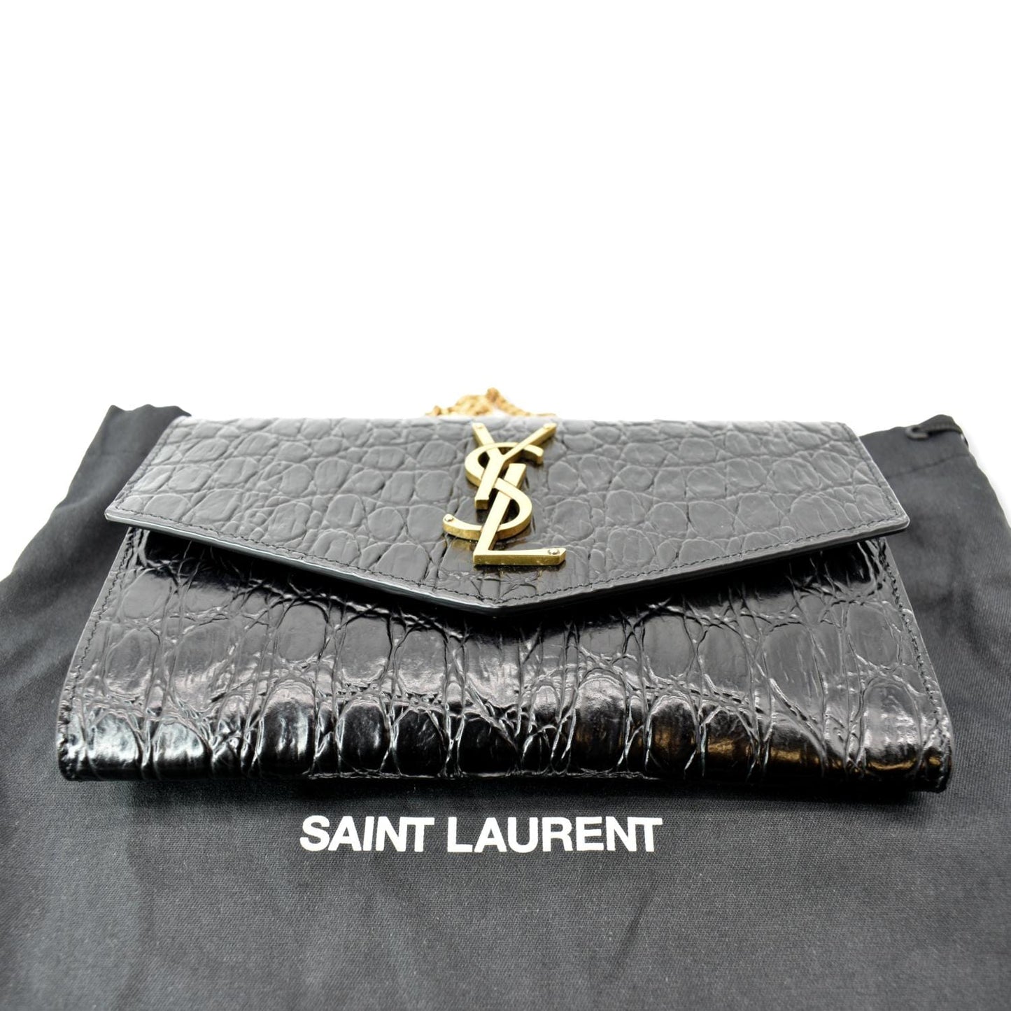 YVES SAINT LAURENT Uptown Crocodile-Embossed Crossbody Chain Wallet Black