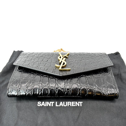 YVES SAINT LAURENT Uptown Crocodile-Embossed Crossbody Chain Wallet Black
