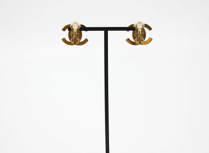Chanel Vintage 96A Rhinestone & Gold-plated Backpack Buckle CC Clip-on Earrings