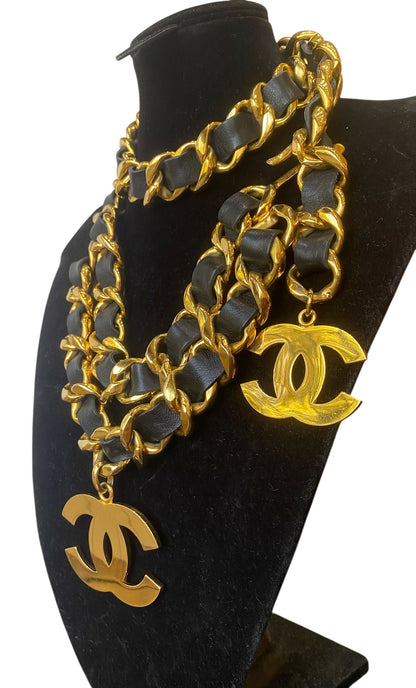 Iconic Vintage Chanel 93P Jumbo Gold Chain CC Logo Black Leather Belt Necklace