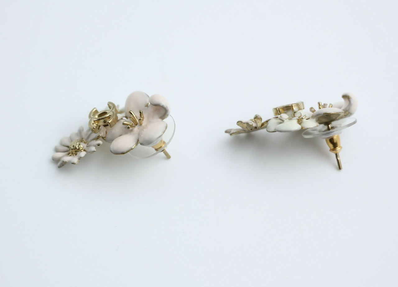 Chanel 10P Enamel Pink Camellia & Chrysanthemum Stud Earrings