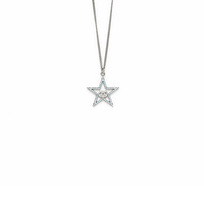 Chanel Star with CC Logo Iridescent Necklace Crystal Silver Tone