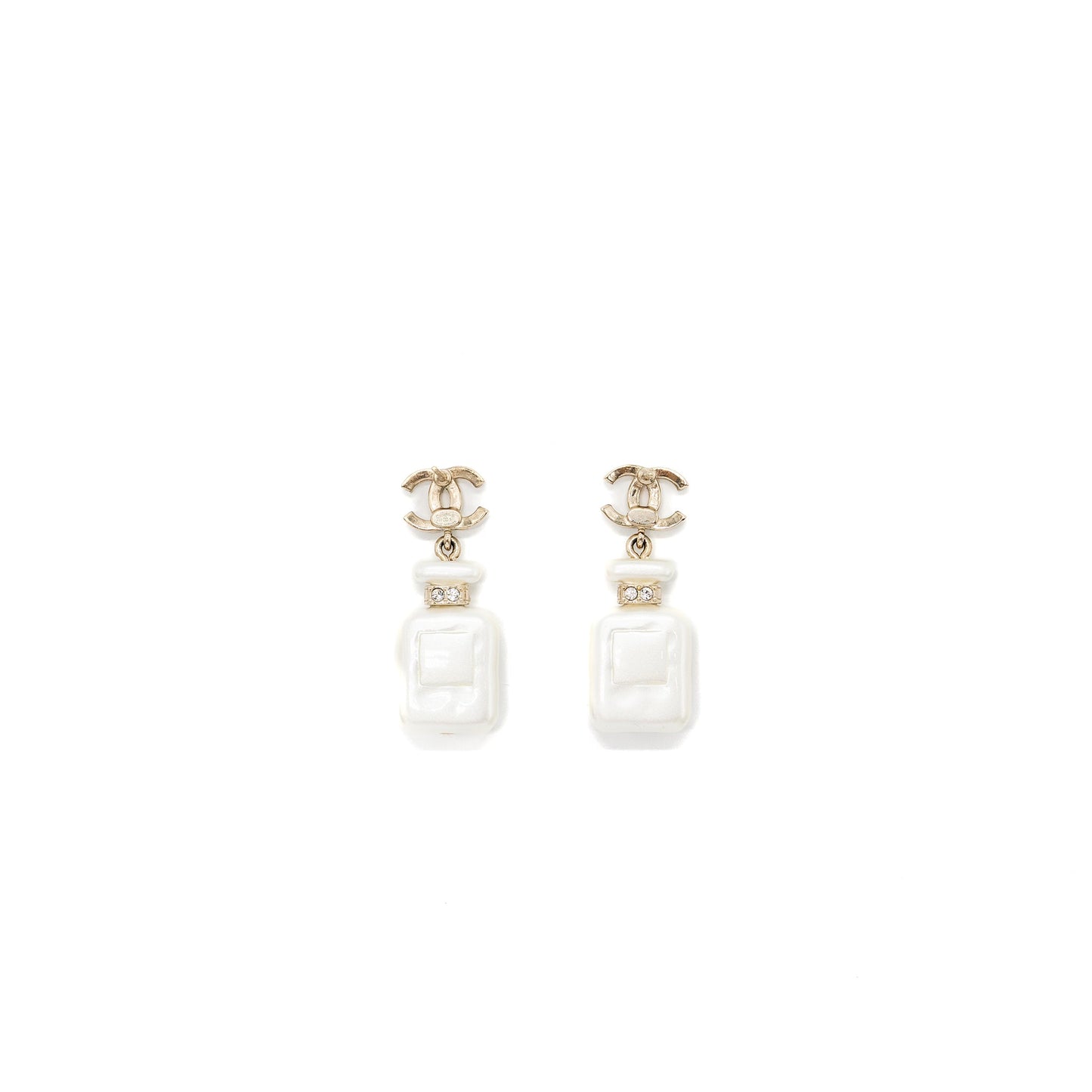 Chanel No.5 Perfume Bottle Earrings Crystal Light Gold Tone