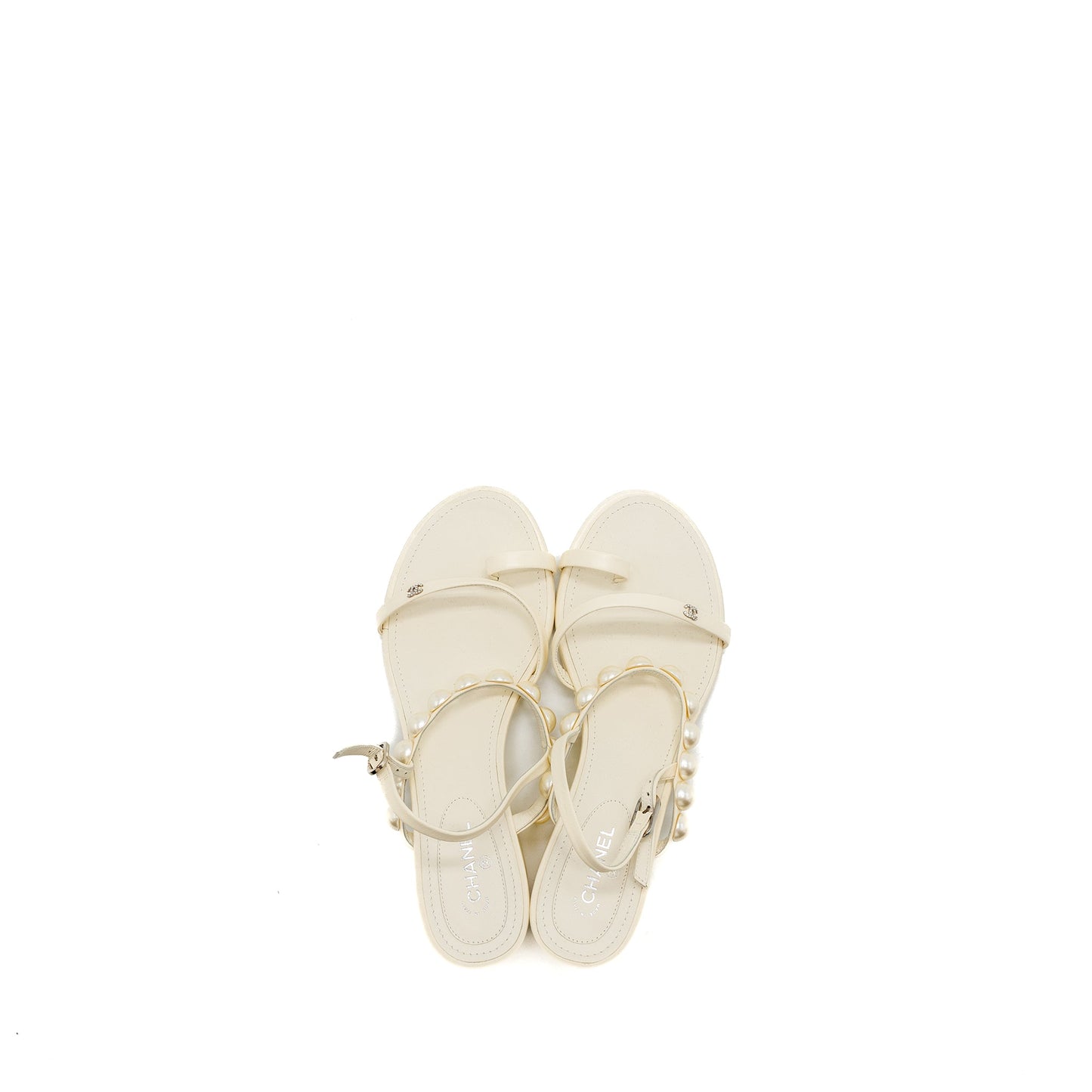 Chanel Size 38.5 Pearl Sandal Leather White