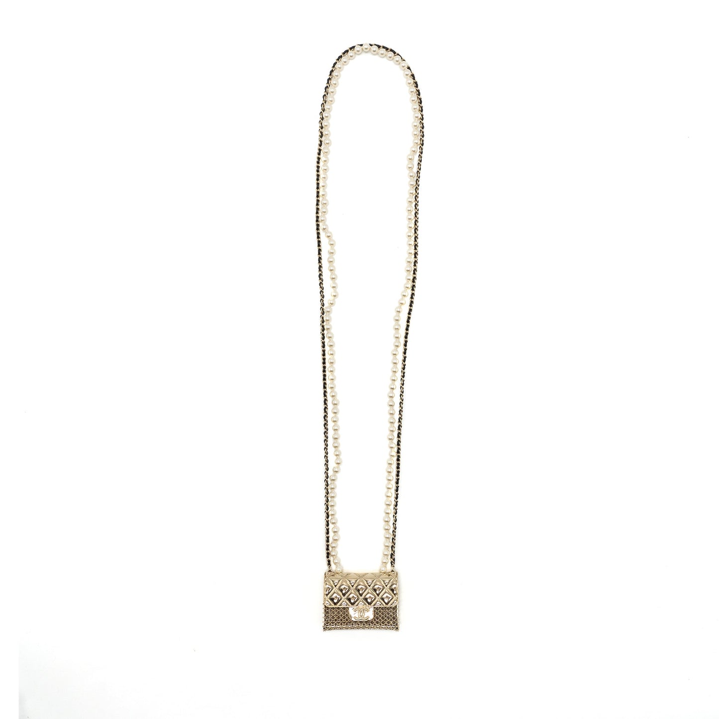 Chanel Micro Bag Necklace Pearl/ Leather Chain L