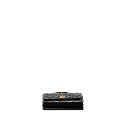 Chanel letter logo top handle flap wallet on chain shiny calfskin black  (microchip)