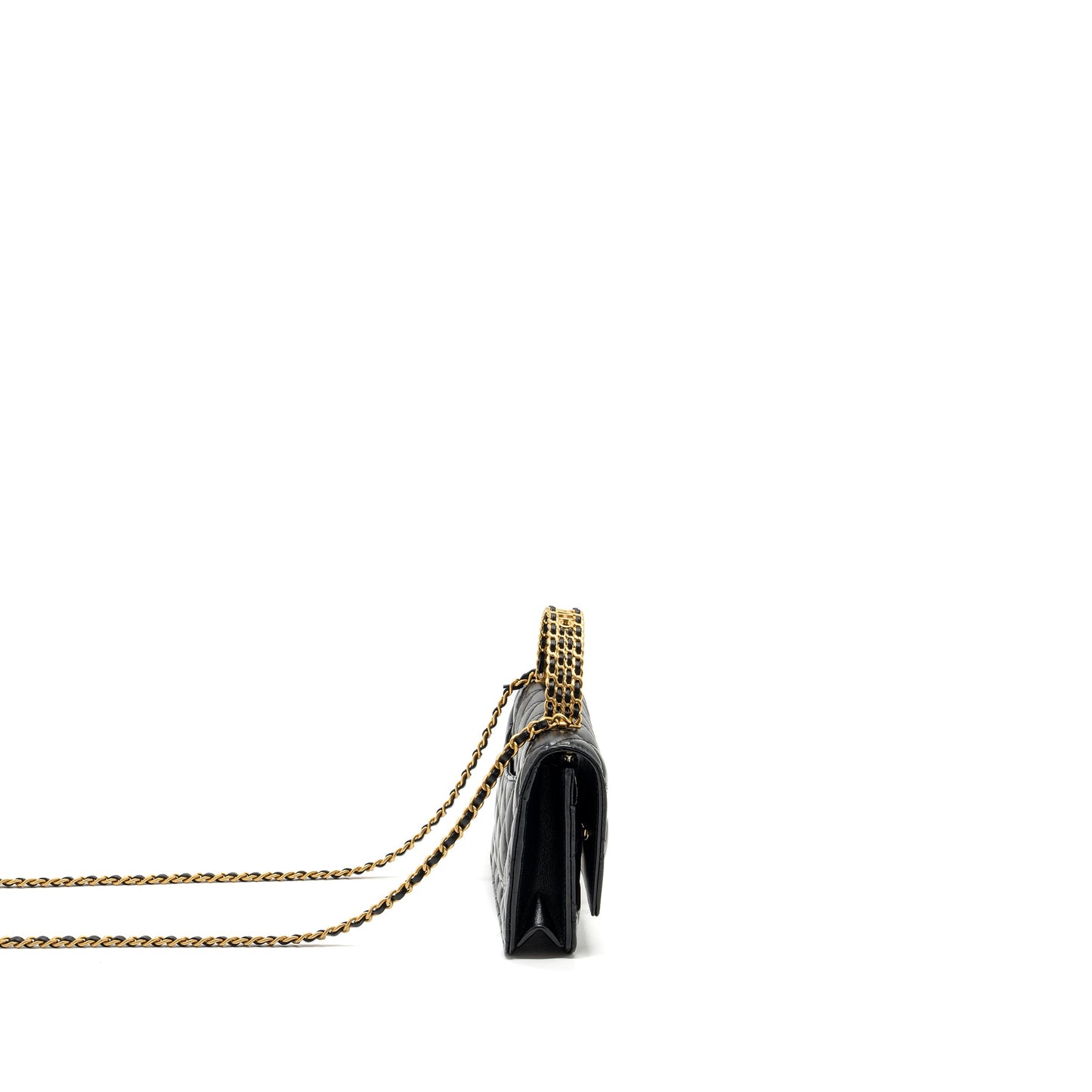 Chanel letter logo top handle flap wallet on chain shiny calfskin black  (microchip)