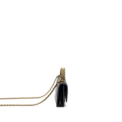 Chanel letter logo top handle flap wallet on chain shiny calfskin black  (microchip)