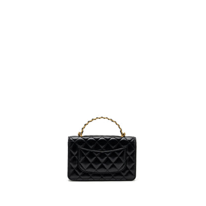 Chanel letter logo top handle flap wallet on chain shiny calfskin black  (microchip)