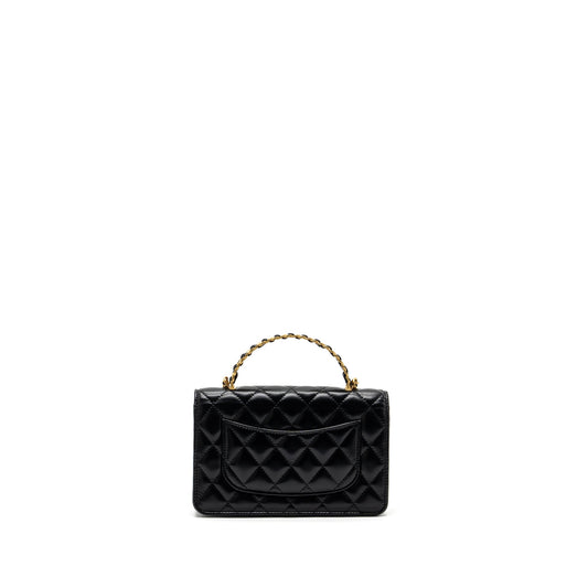 Chanel letter logo top handle flap wallet on chain shiny calfskin black  (microchip)