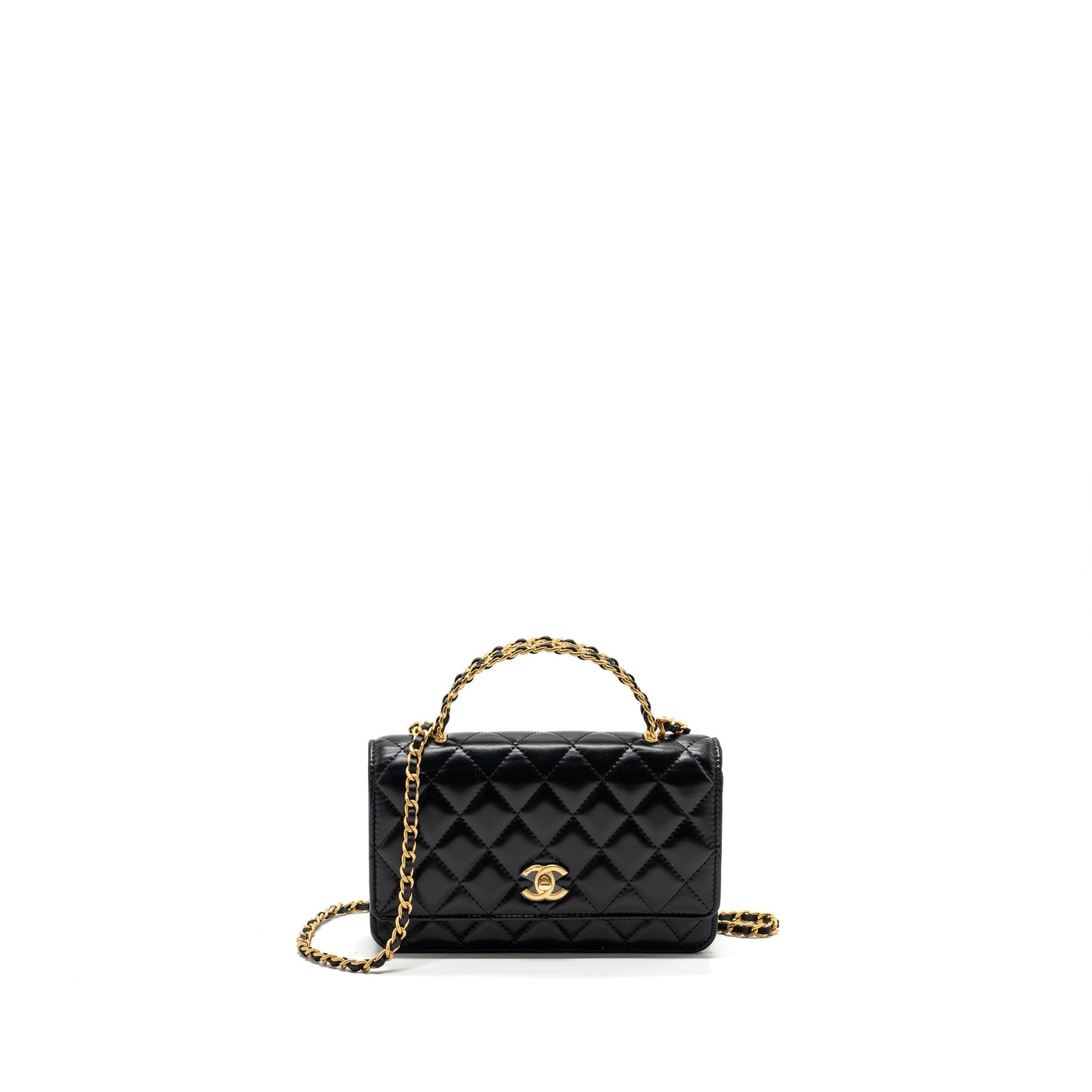 Chanel letter logo top handle flap wallet on chain shiny calfskin black  (microchip)