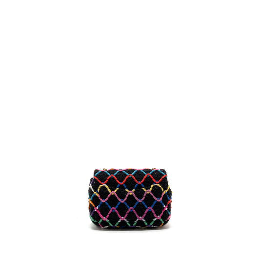 Chanel 22S pearl crush mini square flap bag fabric / tweed black / multicolor  (microchip)