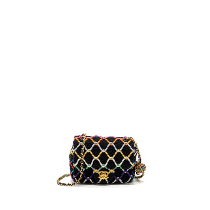 Chanel 22S pearl crush mini square flap bag fabric / tweed black / multicolor  (microchip)