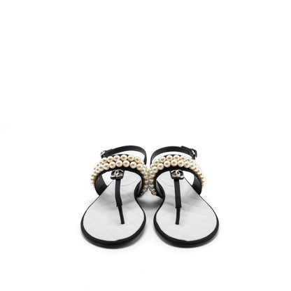 Chanel 22B Size 36 Flip Flops Sandals Pearl Leather/Fabric Black