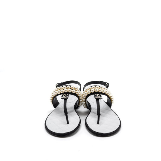 Chanel 22B Size 36 Flip Flops Sandals Pearl Leather/Fabric Black