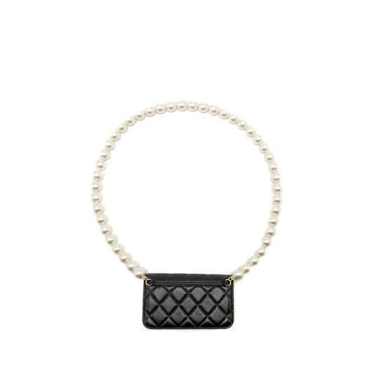 Chanel CC Logo Clutch with Giant Pearl Chain Lambskin Black L