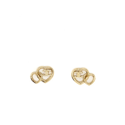 Chanel Double Heart CC Earrings Crystal Light Gold Tone