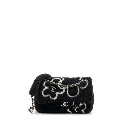 Chanel 22A Fluffy Camellia Flap Bag Embroidered Shearling Lambskin Black / White  (Microchip)