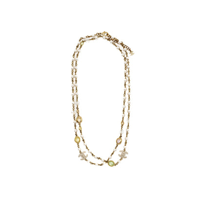 Chanel CC Logo/Pearl/Crystal Long Necklace Light Gold Tone