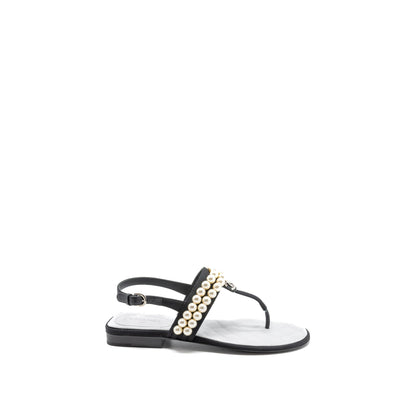 Chanel 22B Size 36 Flip Flops Sandals Pearl Leather/Fabric Black