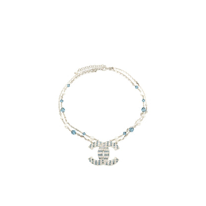 Chanel Giant CC Logo Double Chain Necklace Crystal/ Pearl Blue Silver Tone