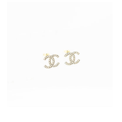 Chanel CC logo earrings light gold tone with crystal