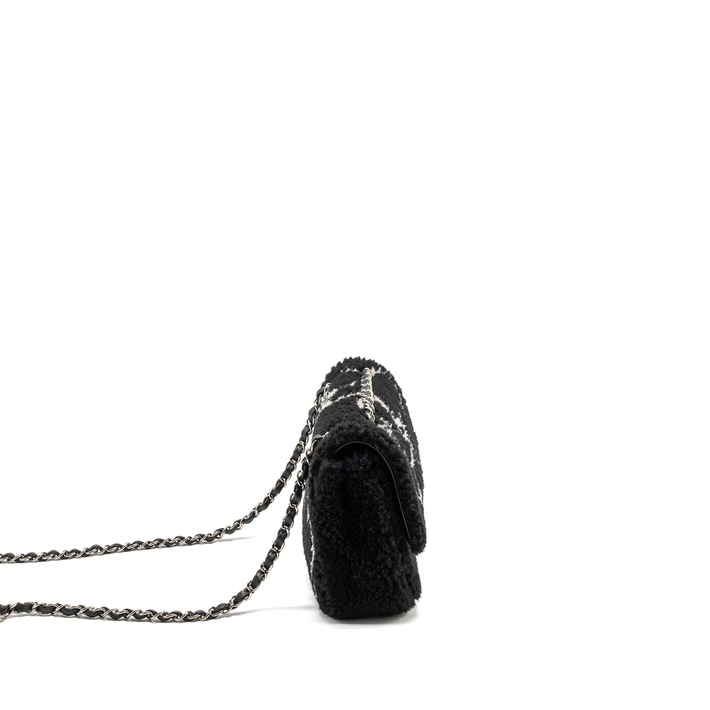 Chanel 22A Fluffy Camellia Flap Bag Embroidered Shearling Lambskin Black / White  (Microchip)