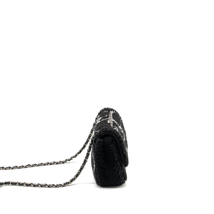 Chanel 22A Fluffy Camellia Flap Bag Embroidered Shearling Lambskin Black / White  (Microchip)