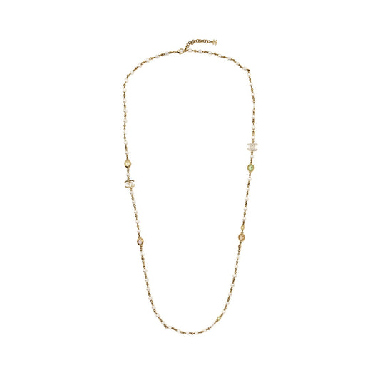 Chanel CC Logo/Pearl/Crystal Long Necklace Light Gold Tone