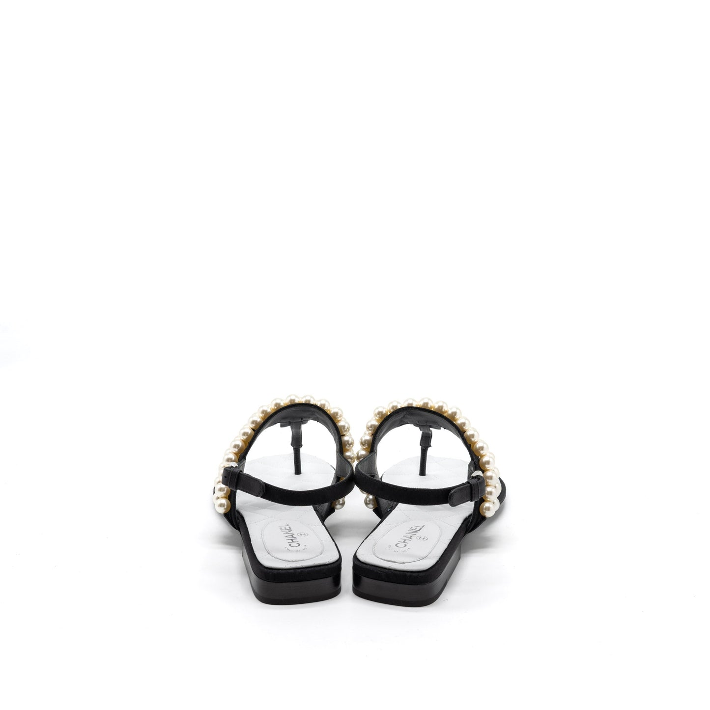 Chanel 22B Size 36 Flip Flops Sandals Pearl Leather/Fabric Black