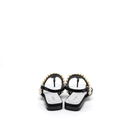 Chanel 22B Size 36 Flip Flops Sandals Pearl Leather/Fabric Black