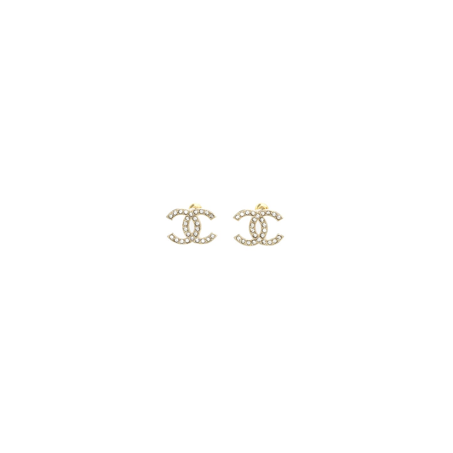 Chanel CC logo earrings light gold tone with crystal