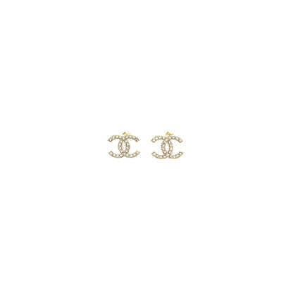 Chanel CC logo earrings light gold tone with crystal
