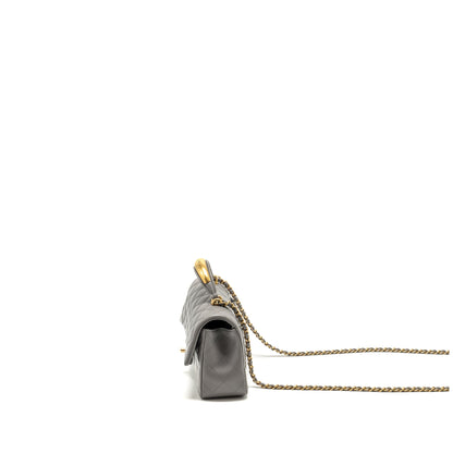 Chanel 22k Metal Top Handle Mini Rectangular Flap Bag Lambskin Grey  (microchip)