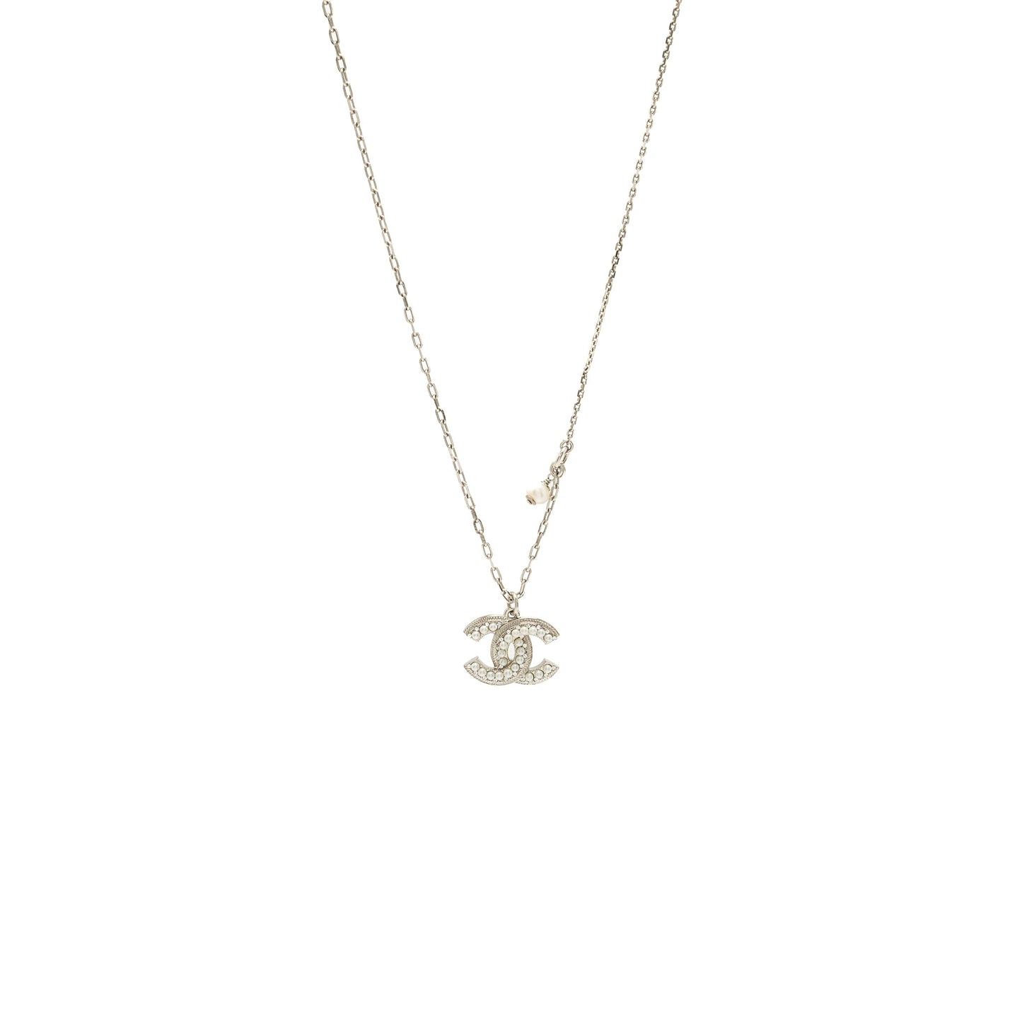 Chanel CC Logo Necklace with Pearls Silver Tone