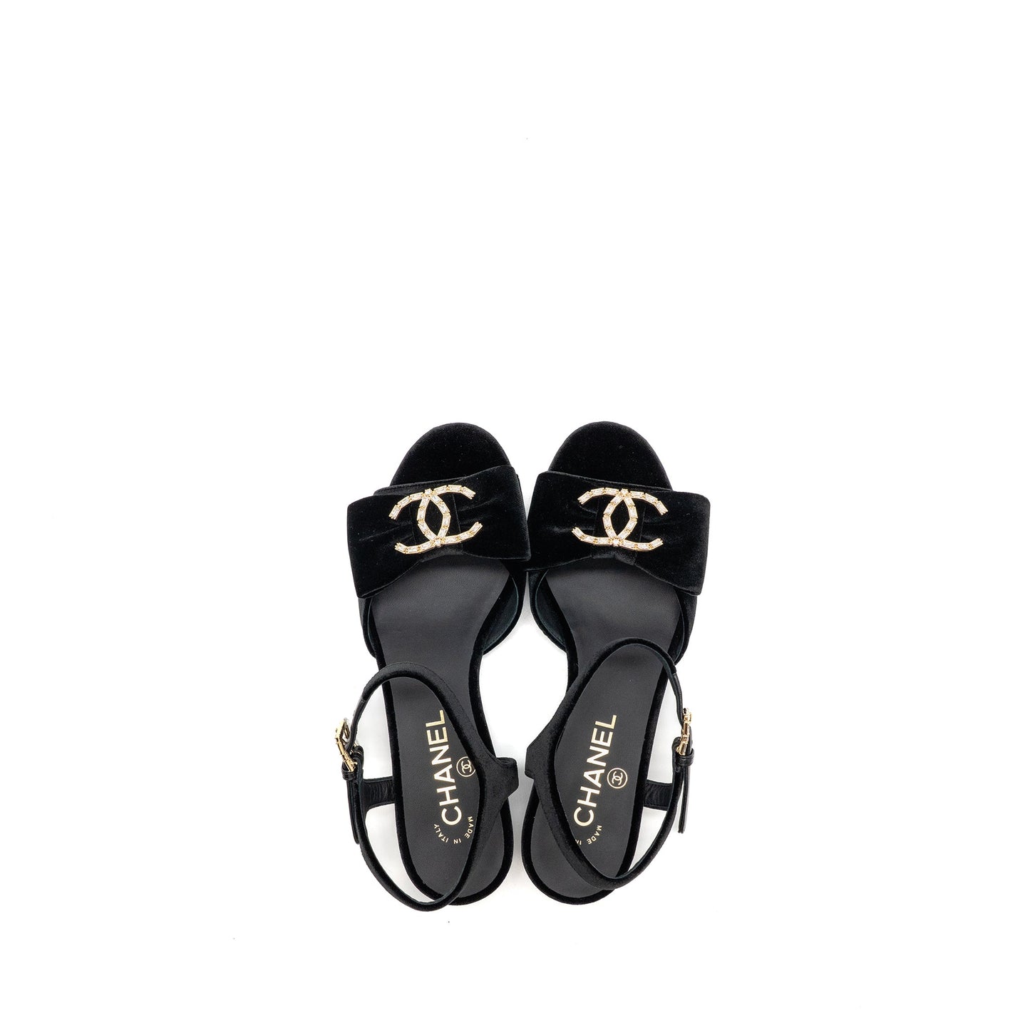 Chanel Size 36 24K Crystal CC Logo Sandals Velvet Black L