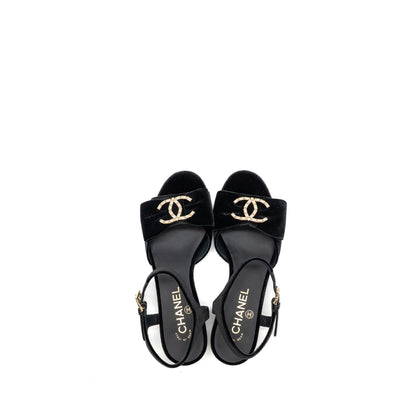 Chanel Size 36 24K Crystal CC Logo Sandals Velvet Black L